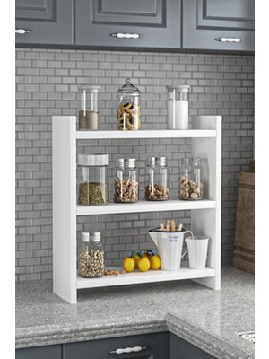 Beyaz Renk 3 Katlı Modern Ahşap Tezgah Üstü Mutfak Baharatlık Rafı