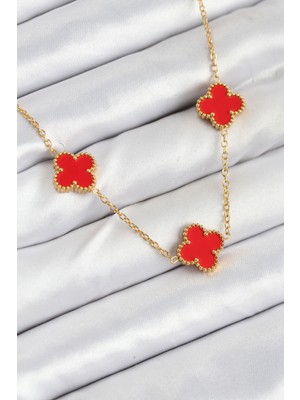 Lowell Home Ieg 316L Çelik Zincir Gold Kırmızı Renk Yonca Kadın Kolye LWLBJ-RSIEG2346