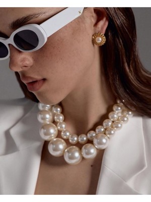 Ravinity Krem Inci Boncuk 2 Sıra Kolye, Büyük Iri Incili Kolye