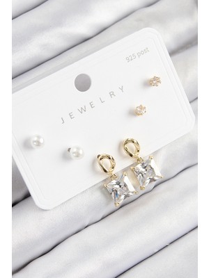 Lowell Home Ieg Pirinç Zirkon Taşlı Sallantılı Kare Model Gold Renk 925 Ayar Gümüş Çivi Kadın Küpe Se