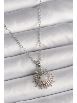 Lowell Home Ieg 316L Çelik Gümüş Renk Zincir Beyaz Mineli Güneş Model Kadın Kolye LWLBJ-RSIEG2346