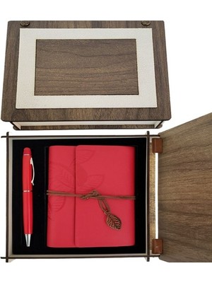 Lowell Home Özel Ahşap Kutulu Kırmızı Deri Defter ve Kalem Set