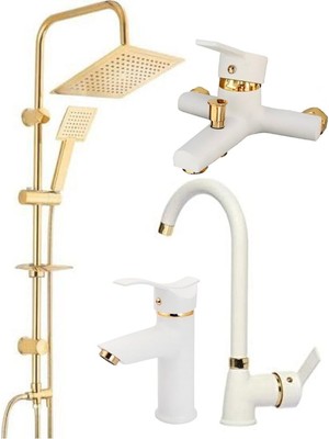 Fulcie Armatür Altın Robot Duş Sistemi Beyaz Mutfak Eviye Banyo ve Beyaz Kartal Lavabo Musluğu