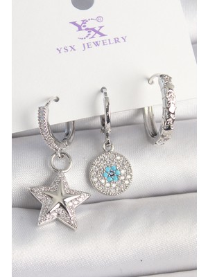 Lowell Home Ieg Pirinç Gold Renk Zirkon Taşlı Yıldız Model Nazar Boncuk Detay 3'lü Kadın Kombin Küpe Lwl