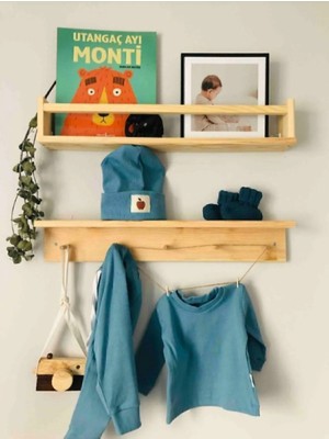 Montessori Stil Doğal Ahşap Duvar Rafı ve Askılık Çocuk Odası Düzenleyici Hazır Kurulum 2'li Set