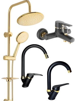 Fulcie Armatür Yuvarlak Gold Robot Duş Seti, Siyah Gold Banyo, Baston Siyah Gold Lavabo ve Mutfak