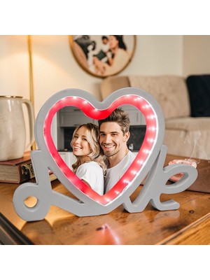  love yazılı led ışıklı kişiye özel fotoğraflı sihirli ayna kırmızı-beyaz sevgiliye hediye