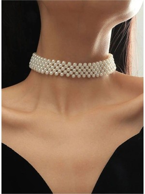 Ravinity El Emeği Örgü Model Incili Tasma Kolye, Choker Inci Kolye