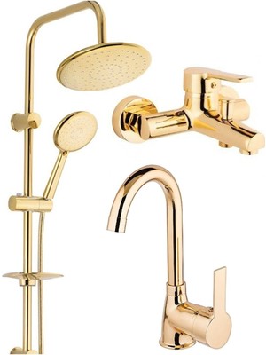 Fulcie Armatür Yuvarlak Gold Robot Duş Sistemi Banyo Bataryası ve Lavabo Bataryası Musluğu 3’lü