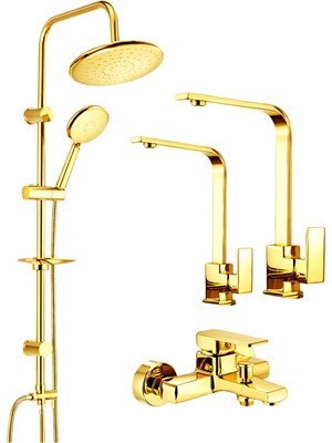 Musluq Gold Yuvarlak Robot Gold Kare Evye-Lavabo-Banyo Bataryası 4’lü Set