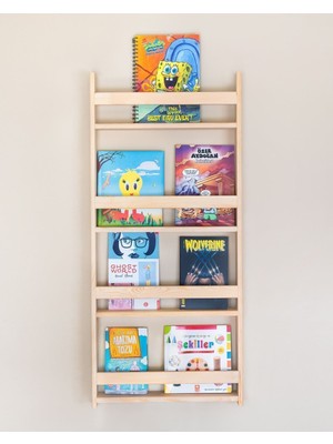 Montessori Bebek ve Çocuk Odası Eğitici Kitaplık Doğal Ahşap 4 Raflı 100 x 40 x 9cm