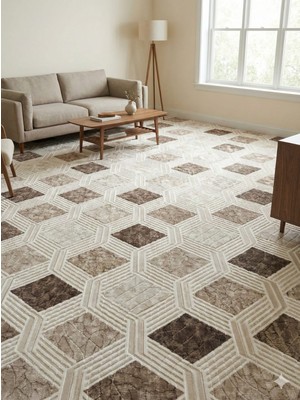 Nesrin Jel Kaymaz Taban Kesme Halı Yolluk Kahve Krem Kare Makinede Yıkanabilir