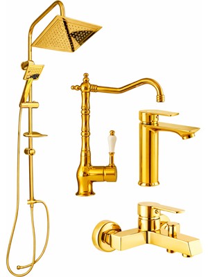 Fulcie Aurum Luxe 4’lü Set - 4’lü Rustik Banyo & Mutfak Seti | Robot Duş + Lavabo + Gold Eviye + Banyo Set