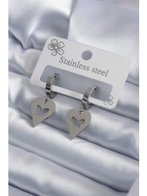 Lowell Home Ieg 316L Çelik Gümüş Renk Kalp Model Kelebek Işleme Kadın Küpe LWLBJ-RSIEG2346