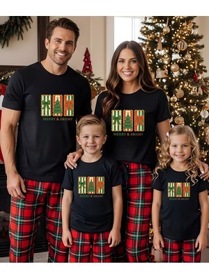 Aselinda Christmas Merry Bright Baskılı Aile Kombin Tişört (Kombin Yapmak Için Ürün Ekleyiniz)