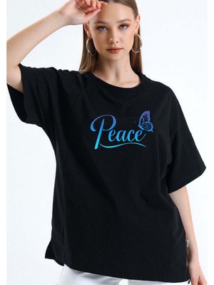 Aselinda Peace Kelebek Baskılı Tişört (Kombin Yapmak Için 2 Ürün Ekleyiniz)