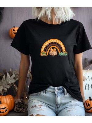 Aselinda Halloween Baskılı Pamuklu Bisiklet Yaka Tişört (Kombin Yapmak Için 2 Ürün Ekleyiniz)