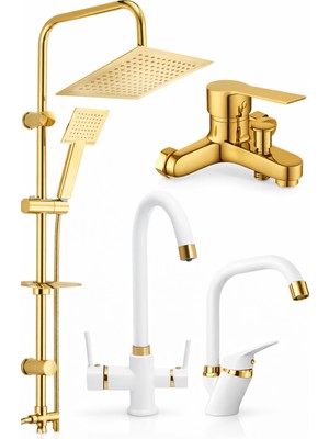 Fulcie Premium Gold Duş Sistemi + Beyaz Gold Mutfak Bataryası Seti-Arıtmalı 4lü Set Lüks Set