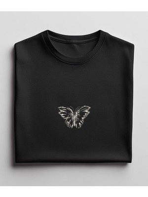Aselinda Kelebek Baskılı Pamuklu Yuvarlak Yaka Tişört /siyah Tişört