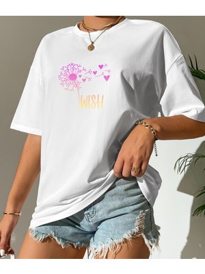 Aselinda Kadın Wısh Baskılı Özel Tasarım Bisiklet Yaka Pamuklu T-Shirt