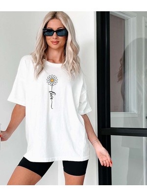 Aselinda Papatya Baskılı Pamuklu Kumaş T Shirt