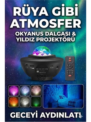 Lowell Home Galaksi Yıldız Projektörü ve Bluetooth Hoparlör 10 Renk Modlu Okyanus Dalgalı Gece & Disko Lam