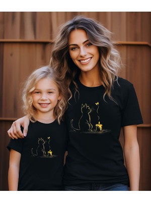 Aselinda Kedi Baskılı Anne-Kız Kombin Tişört (Kombin Yapmak Için 2 Ürün Ekleyiniz)