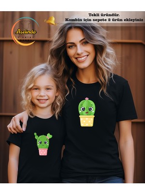 Aselinda Kaktüs Baskılı T-Shirt Anne-Kız Kombin Tişört (Kombin Yapmak Için 2 Ürün Ekleyiniz)