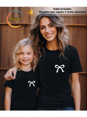 Aselinda Mini Kurdele Baskılı Pamuklu T-Shirt Anne-Kız Kombin Tişört (Kombin Yapmak Için 2 Ürün Ekleyiniz)