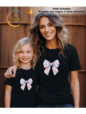 Aselinda Çiçekli Fiyonk Baskılı Anne-Kız Kombin Tişört (Kombin Yapmak Için 2 Ürün Ekleyiniz)