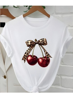 Aselinda Kadın Kiraz Baskılı Günlük Yuvarlak Yaka Kısa Kollu Tişört Yaz Için