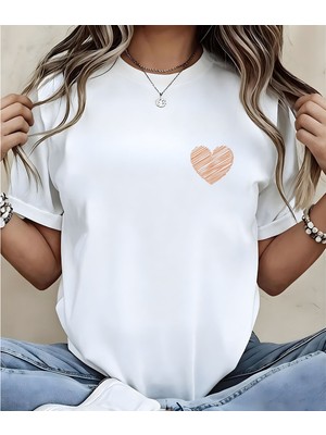 Aselinda Kadınlar Için Yeni Moda Kalp Baskılı Yuvarlak Yaka Kısa Kollu Tişört