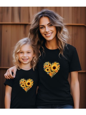 Aselinda Kalpli Ayçiçeği Baskılı Anne-Kız Kombin Tişört (Kombin Yapmak Için 2 Ürün Ekleyiniz)