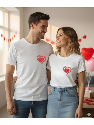 Aselinda Kırmızı Kalp Baskılı Sevgili Çift Kombin Tişört(Kombin Yapmak Için Ürün Ekleyiniz)