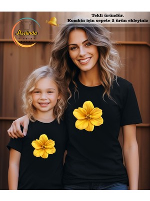 Aselinda Sarı Çiçek Baskılı Bisiklet Yaka Anne-Kız Kombin Tişört (Kombin Yapmak Için 2 Ürün Ekleyiniz)