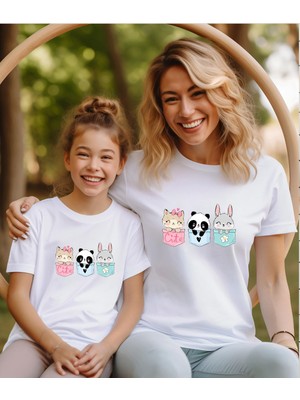 Aselinda Sevimli Hayvanlar Baskılı Anne-Kız Kombin Tişört (Kombin Yapmak Için 2 Ürün Ekleyiniz)