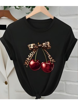 Aselinda Kadın Kiraz Baskılı Günlük Yuvarlak Yaka Kısa Kollu Tişört Yaz Için