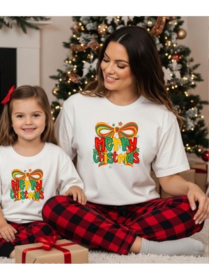 Aselinda Fiyonklu Merry Christmas Baskılı Anne-Kız Kombin Tişört (Kombin Yapmak Için 2 Ürün Ekleyiniz)