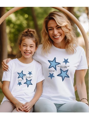 Aselinda Mavi Star Yıldız Baskılı Anne-Kız Kombin Tişört (Kombin Yapmak Için 2 Ürün Ekleyiniz)