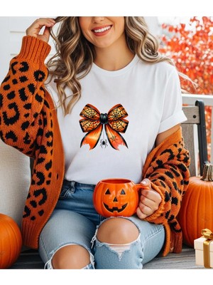 Aselinda Halloween Fiyonk Baskılı Bisiklet Yaka Tişört (Kombin Yapmak Için 2 Ürün Ekleyiniz)