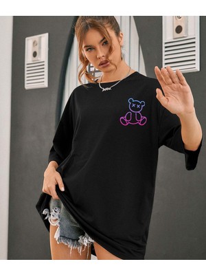 Aselinda Ayıcık Baskılı Özel Tasarım Bisiklet Yaka Pamuklu T-Shirt