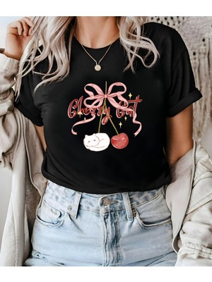 Aselinda Unisex Erkek/kadın Cherry Cat Özel Baskılı Pamuklu Bisiklet Yaka T-Shirt Tshirt