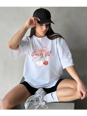 Aselinda Unisex Erkek/kadın Cherry Cat Özel Baskılı Pamuklu Bisiklet Yaka T-Shirt Tshirt