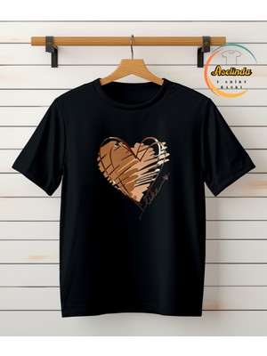 Aselinda Kalp Baskılı Kısa Kollu Bisiklet Yaka Tişört, Kadın Üstleri