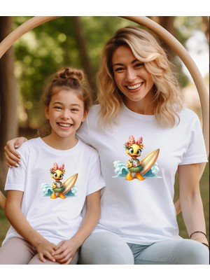 Aselinda Havaii Temalı Sevimli Ördek Baskılı Anne-Kız Kombin Tişört (Kombin Yapmak Için 2 Adet Ekleyiniz)