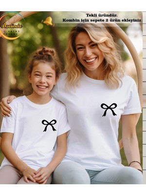 Aselinda Mini Kurdele Baskılı Pamuklu T-Shirt Anne-Kız Kombin Tişört (Kombin Yapmak Için 2 Ürün Ekleyiniz)