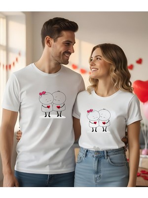 Aselinda Sevgililer Günü Hediye Şirin Baskılı T-Shirt - Bisiklet Yaka Kısa Kol Tişört