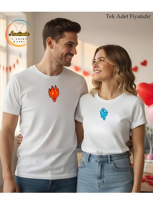 Aselinda Sevgililer Günü Hediye Tişört Ateş ve Su Baskılı T-Shirt - Bisiklet Yaka Kısa Kol Tişört