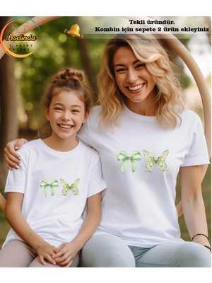 Aselinda Fiyonk ve Kelebek Baskılı Anne-Kız Kombin Tişört (Kombin Yapmak Için 2 Ürün Ekleyiniz)
