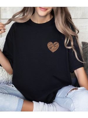 Aselinda Kadınlar Için Yeni Moda Kalp Baskılı Yuvarlak Yaka Kısa Kollu Tişört